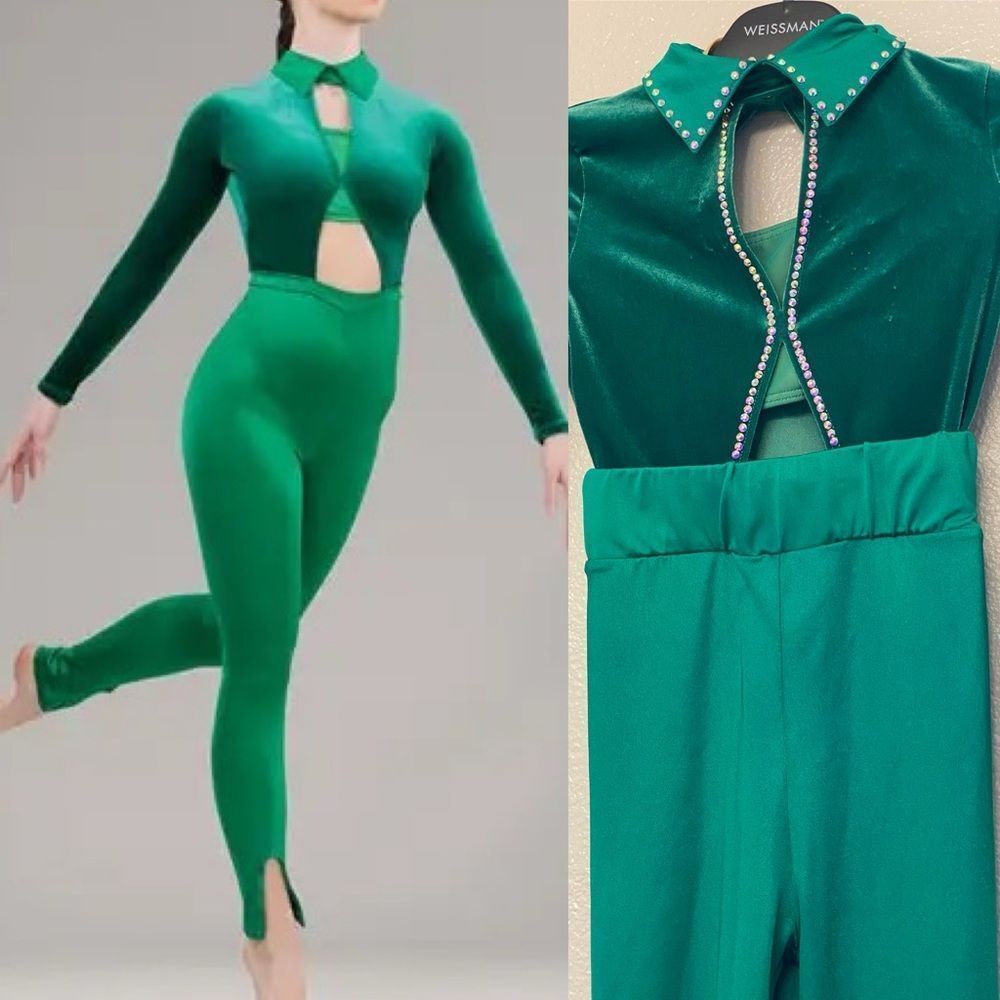 WEISSMAN solo Dance green velvet Unitard Doves And Ravens 16398 IC- child 7/8